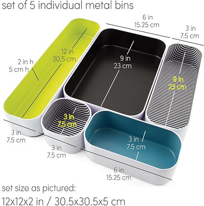 Three by Three Seattle 5 Piece Metal Organizer Tray Set for Storing Makeup, Stationery, Utensils, and More in Office Desk, Kitchen and Bathroom Drawers (2 Inch, Assorted Colors, Stripes) - Image 2