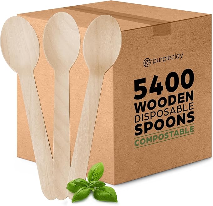 Wooden Disposable Spoons - 5400 Piece Wood Compostable Spoons - Eco-Friendly Biodegradable Utensils for Party - Free From Plastic Cutlery Set - Disposable Cutlery for Eating - Compostable Utensils by Purpleclay