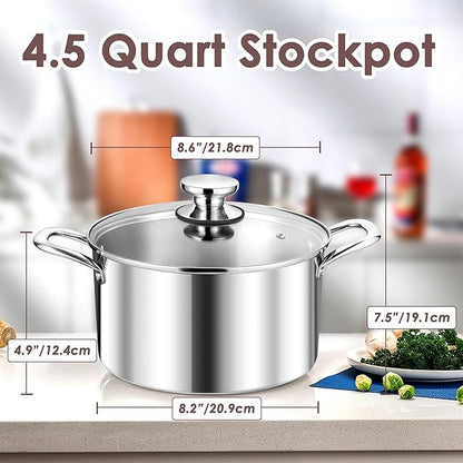 Herogo 4.5 Quart Stock Pot, Tri-Ply Cooking Pot with Lid, 18/10 Stainless Steel Pasta Stockpot with Handles, 4.5 QT Stockpot for Induction Electric Gas Stove, Dishwasher Safe