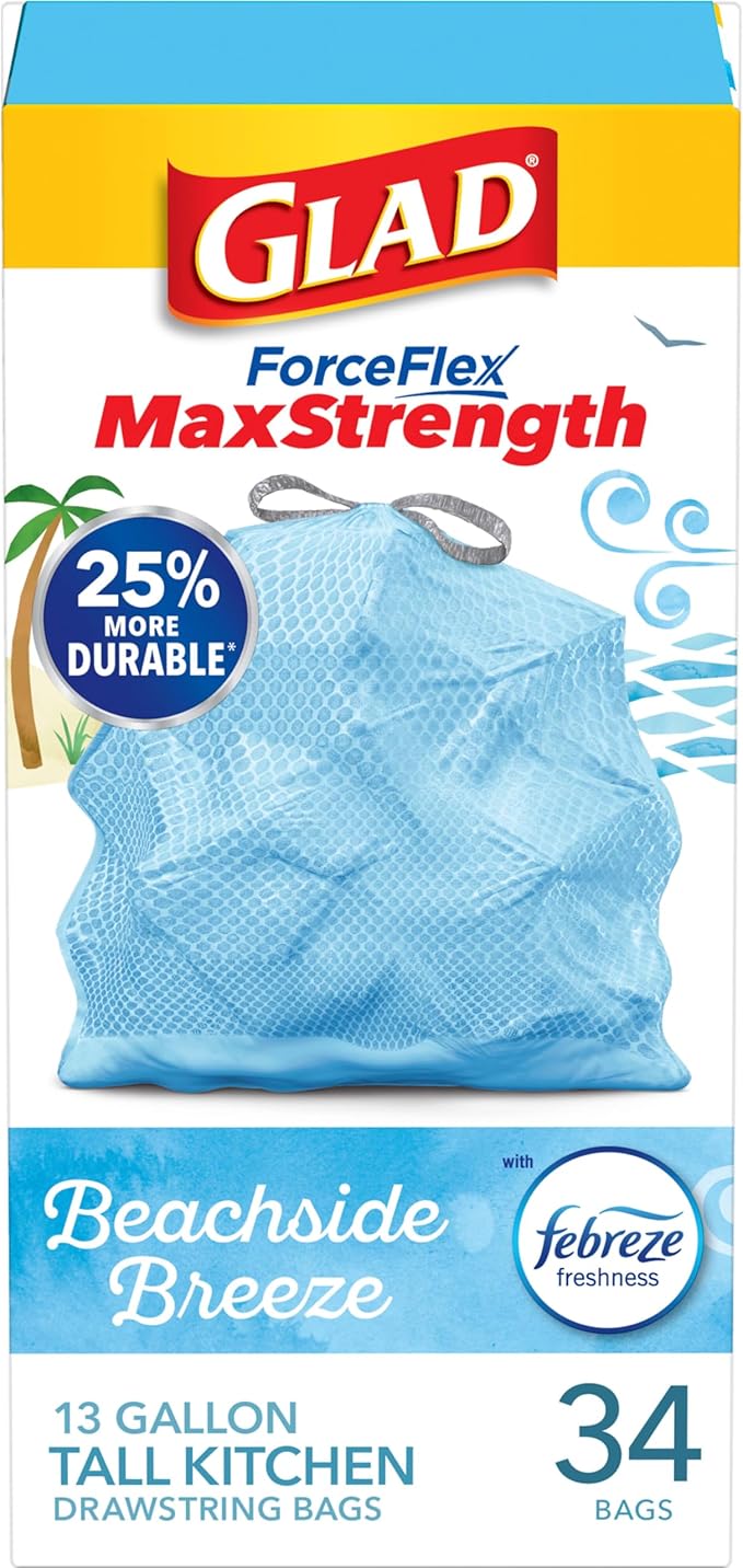 Glad Tall Kitchen Trash Bags 13 Gallon, MaxStrength Beachside Breeze Garbage Bags, Odorshield with Drawstring, 34 Count by GladTrashFoodStorage