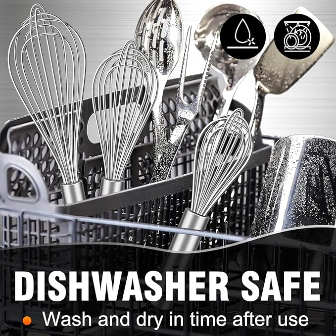 Walfos Whisk,304 Stainless Steel whisk,No-Rust 7+9+11inch Whisks for cooking Nice for Blending,Whisking,Beating.Heat resistant 600°F Dishwasher Safe. Heavy duty kitchen whisk.17.7+22.8+27.9cm -SILVER - Image 7