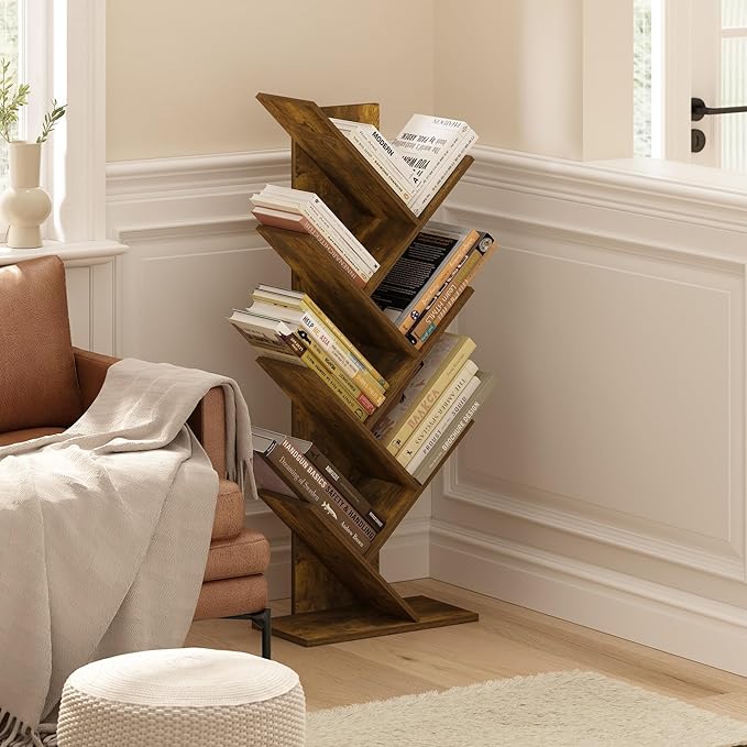 Furinno Tree Book Shelf, 7-Tier Bookshelf with Angled Open Shelf, Tree Bookcase for Room Decor, 8.4 x 15.7 x 39.4, for Organization and Storage, for Living Room, Bedroom, Home Office, Amber Pine - Image 2