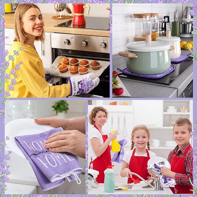 Fourluoo 10 Pcs Lavender Kitchen Decor Set Lavender Kitchen Towels Rugs Oven Mitts and Pot Holders for Cooking Baking Grilling Women Mom Gift