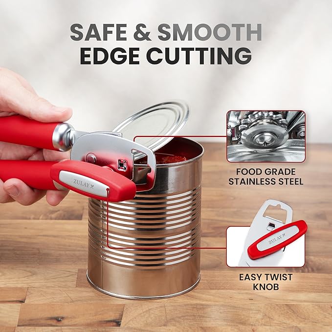 Zulay Kitchen Heavy Duty Stainless Steel Can Opener Manual with Bottle Opener - Rust Proof Manual Can Opener With Turn Knob & Comfy Soft Grip Handles - Cherry Red - Image 4