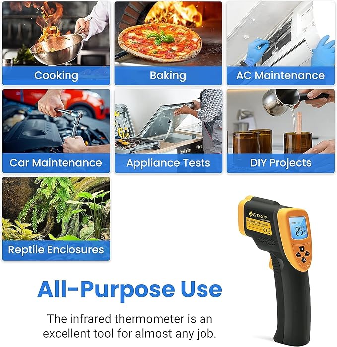 Etekcity Infrared Thermometer Temperature Gun 800, -58℉ to 1382℉ with 16:1 DTS Ratio, Digital Laser Temp IR Tool for Cooking, Pizza Oven, Griddle, Fridge, Engine, Pool, Non Contact, Yellow - Image 3