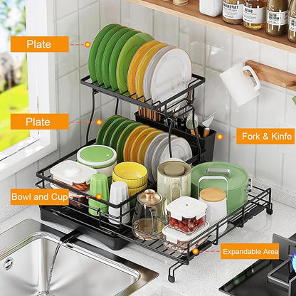 Over The Sink Large 2 Tier Dish Drying Rack Expandable,Dish Drainers for Kitchen Counter,Rustproof Utensils