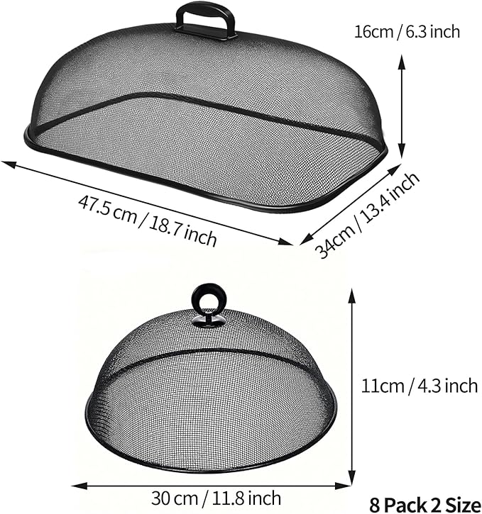 8 Pack Metal Mesh Screen Food Covers, 2 Large (18.5”) and 6 Small (11”) Sets, Reusable Metal Mesh Food Covers for Outdoors, Camping, Picnics and Parties