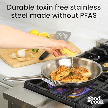 GoodCook Stainless Steel Fry Pan 10-Inch, Oven-Safe to 500F & Induction-Safe Compatible with All Stovetops 3-Layer Construction for Even Heating Non-Toxic PTFE & PFOA Free, Silver