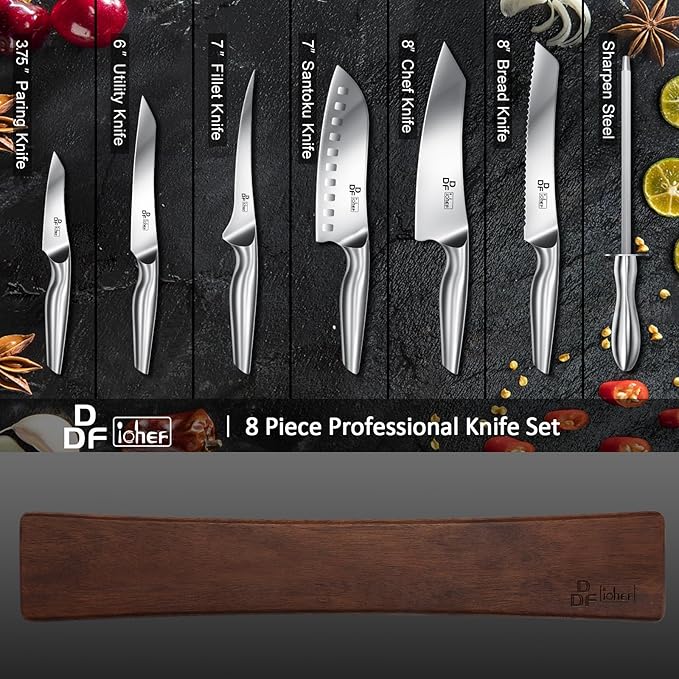 DDF iohEF Knife Set with Knife Strip, 8 Piece Professional Kitchen Knife Set, Japanese High Carbon Stainless Steel Chef Knives Set with Magnetic Knife Holder for Wall - Image 3