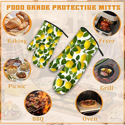 Lemon Oven Mitts and Pot Holders Set,Kitchen Decor Heat Resistant Non Slip Hot Pads and Oven Mitt for Chef Cooking Baking BBQ Mom Girl Gifts(4 Piece Set)
