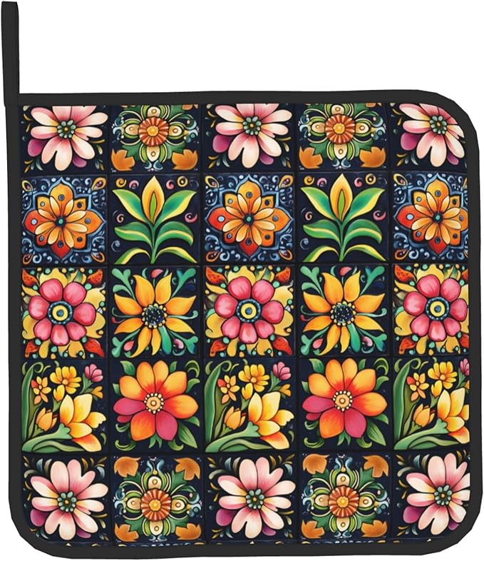 Mexican Oven Mitts and Pot Holders - Colorful Flowers Kitchen Mitt Sets of 2 Boho Oven Gloves Hot Pads for Cooking Baking Grilling - Image 9