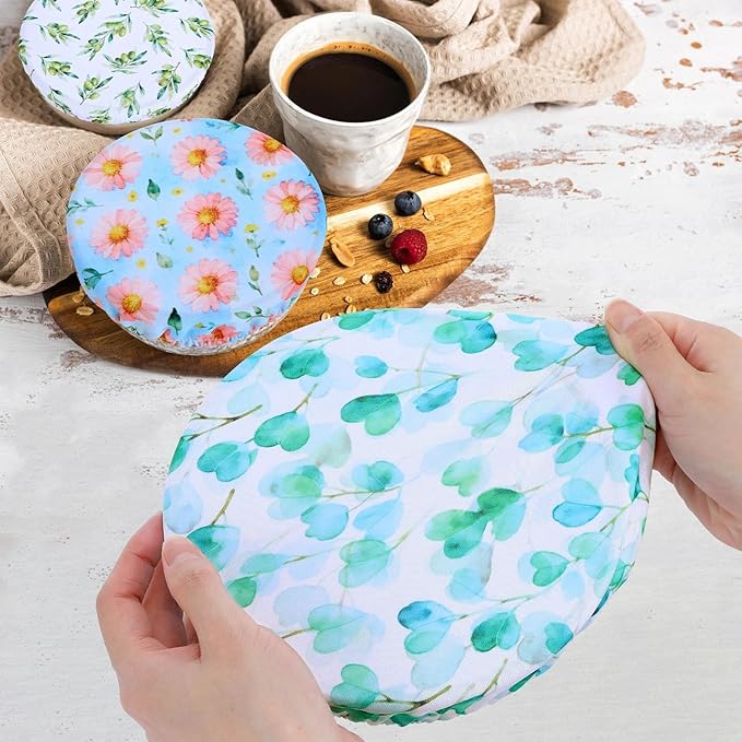 5 Pieces Bowl Covers Reusable, 5 Size Elastic Cloth Bowl Covers for Bread Proofing Stretch Food Covers Washable for Food Fruits Leftover (Pink Floral Eucalyptus leaves) - Image 3