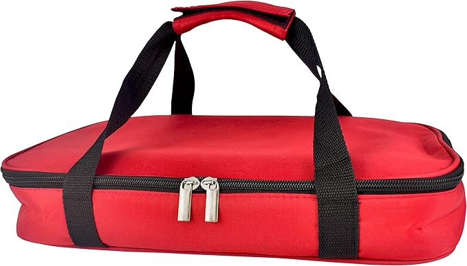 HW1236 Glass Casserole with Insulated Bag, Ideal for Picnic, Potluck, Hiking & Beach Trip-Retains Hot and Cold Temperature of Food, Overall12 "x 7.5"x2 "- Red
