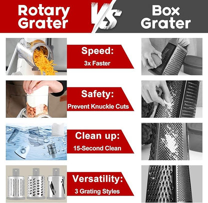 Rotary Cheese Grater with Handle, Kitchen Speed Hand Crank Vegetable Slicer, Potato Hash Brown Shredder Spinning Nut Grinder with 3 Replaceable Stainless Steel Drum Blades (White) - Image 5