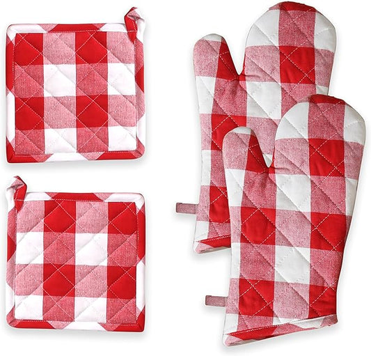 Oven Mitt & Pot Holder Buffalo Plaid Check 100% Cotton Heat Resistant Oven Gloves (7"x13") & Hot Pads (8"x8") Combo for Baking, Cooking - Red