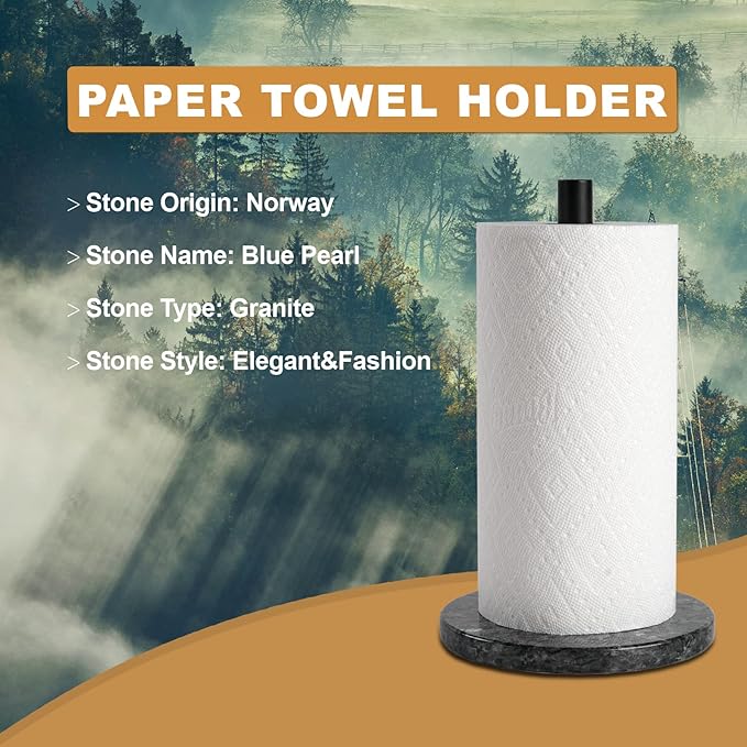 Koville Luxury Norway Granite Paper Towel Holder Countertop, Metal Rod 8" Marble Base Paper Towel Holder Stand for Kitchen Organization and Storage, Fit for Standard or Jumbo-Sized Rolls(Blue Pearl) - Image 2