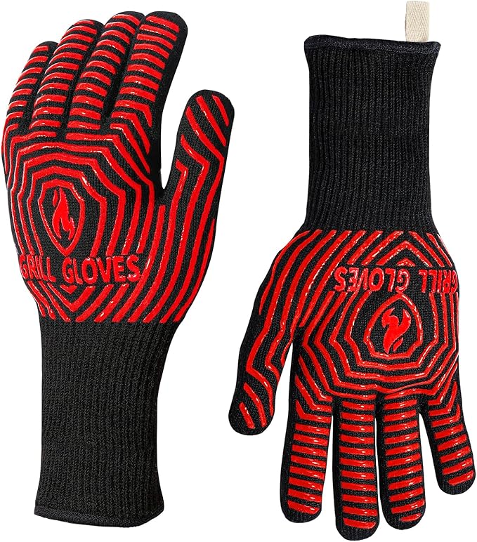 BBQ Gloves, BBQ Accessories 1472℉ Extreme Heat Resistant, Grilling Gloves Silicone Non-Slip Oven Mitts, Kitchen Gloves for BBQ, Grilling, Cooking, Baking-1 Pair 14inch by QUWIN