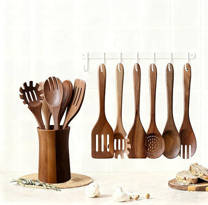 7 Piece Natural Acacia Wooden Kitchen Utensil Set with Holder - Wooden Spoons and fork for Cooking Comfort Grip Cooking Spoons, Spatulas, Strainer Spoon, Salad Fork, Mixing Spoon and Utensil Holder