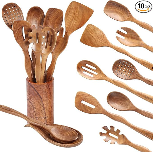 Wooden Spoons for Cooking, 10 Pcs Wood Utensils Set with Spoon Rest & Holder, Nonstick, Non Scratch, Easy Clean, Natural Teak Wooden Cookware for Cooking for Mom Wife Kitchen Gifts
