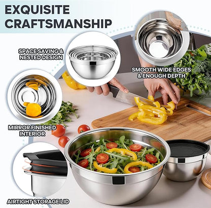 E-far Mixing Bowls With Lids Sets of 5, 10-Piece Stainless Steel Salad Metal Nesting Bowl for Baking Cooking and Prepping, Airtight Lid & Stackable Design, Size 4.6, 3, 2.1, 1.5, 0.7 QT, Black - Image 3