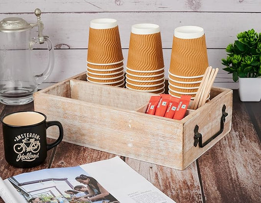 Coffee Station Organizer, Bar Farmhouse Cup Coffee Pod Holder with Handle, Storage Bin for Coffee Tea Bag Stirrer Accessories Organizer for Countertop (White)