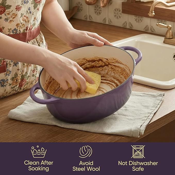 Vintage Style Oval Dutch Oven for Bread Baking, 4.5 Quart Non Stick Enameled Cast Iron Dutch Oven Pot with Lid, Oven Safe Oval Casserole with Lid up to 500°F for Baking, Braising, Stews, Roasting, Purple - Image 7