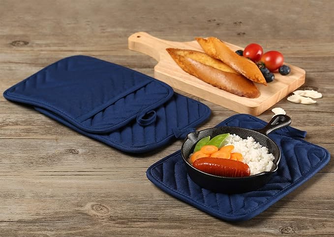 Cotton Pocket Pot Holders Machine Washable Heat Resistant Hot Pads for Kitchen Square Blue Oven Mitts 7"x9" Set of 3 - Image 4