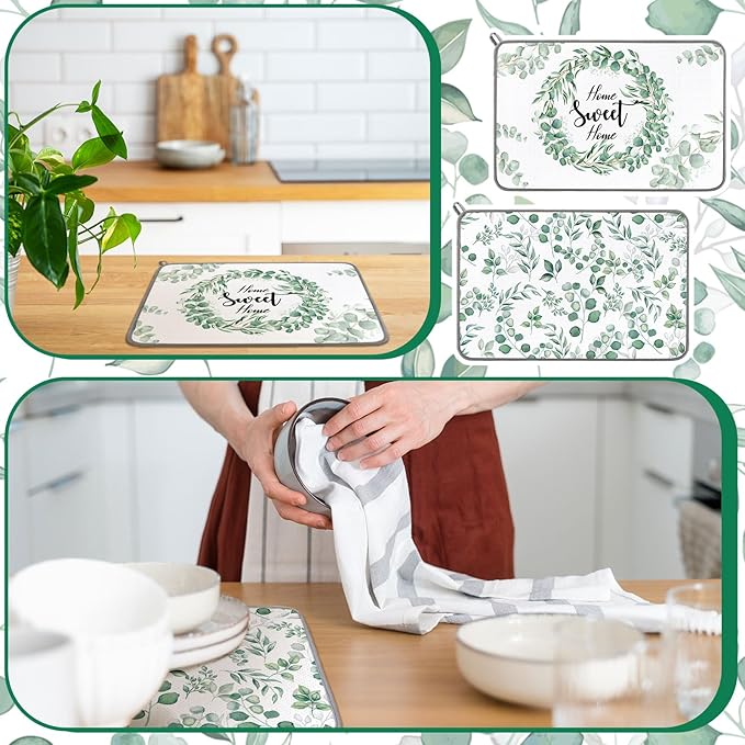 Zonon Dish Drying Mat for Kitchen Counter 16 x 24 Microfiber Absorbent Dish Drainer Rack Pads Fast Dry Mat Vintage Kitchen Decorations(Green,16" X 24",Eucalyptus Leaves) - Image 5