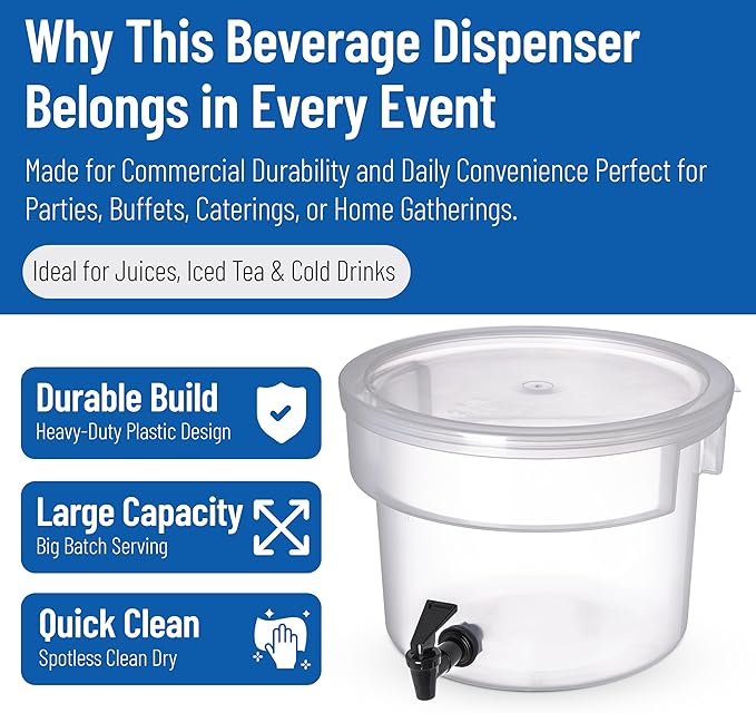 Carlisle FoodService Products Round Beverage Dispenser Drink Dispenser with Spigot for Catering, Plastic, 3 Gallons, Clear - Image 3