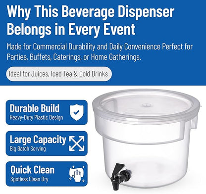 Carlisle FoodService Products Round Beverage Dispenser Drink Dispenser with Spigot for Catering, Plastic, 3 Gallons, Clear - Image 3