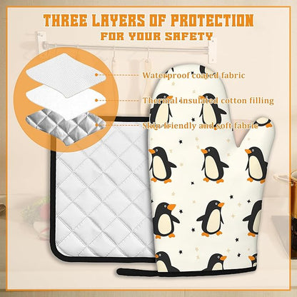 Cute Penguin Oven Mitts and Pot Holders Set,Kitchen Decor Heat Resistant Non Slip Hot Pads and Oven Mitt for Chef Cooking Baking BBQ Mom Girl Gifts(4 Piece Set)