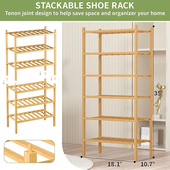 ROMGUAR CRAFT 6-Tier Bamboo Small Shoe Rack, Free Standing Wood Shoe Shelf Storage Organizer for Closet Entryway Stackable (Natural) - Image 3