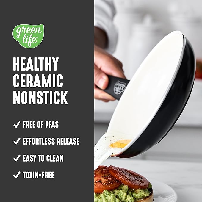 GreenLife 16 Piece Nonstick Cookware Set, Soft Grip Non-Toxic PFAS-Free Ceramic Pots & Pans, Dishwasher & Oven Safe, Frying, Sauce, Utensils, Glass Lids, Stay-Cool Handles, Wobble Free, Black & Cream - Image 2