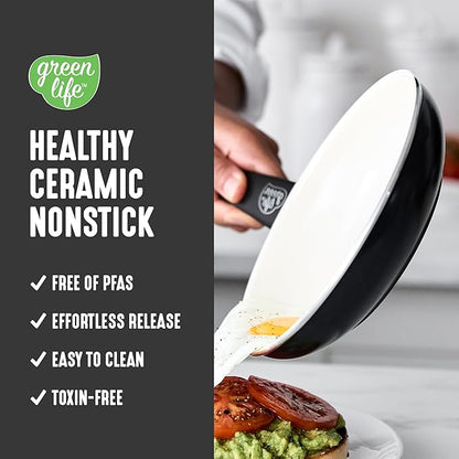 GreenLife 16 Piece Nonstick Cookware Set, Soft Grip Non-Toxic PFAS-Free Ceramic Pots & Pans, Dishwasher & Oven Safe, Frying, Sauce, Utensils, Glass Lids, Stay-Cool Handles, Wobble Free, Black & Cream - Image 2