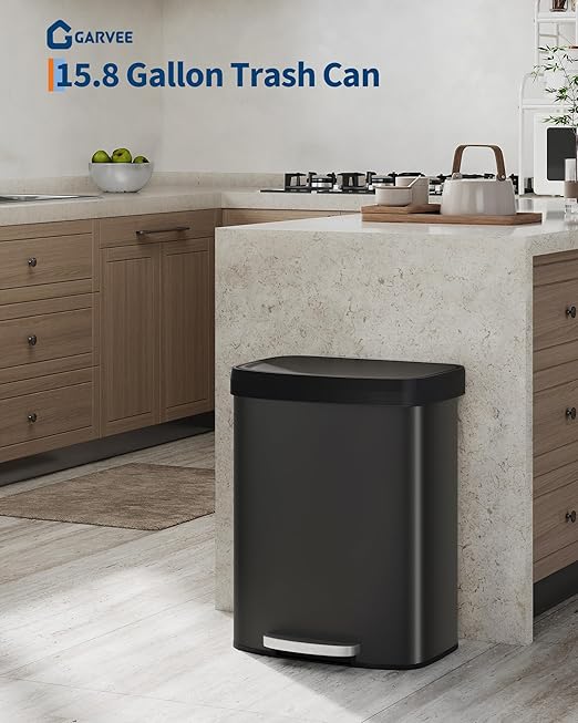 Garvee 16 gal / 60 L Metal Trash Can with Lid, Large Garbage Can for Kitchen, Rustproof Step-on Kitchen Metal Trash Bin with Liner Rim, Rear Handle, Soft Close Plastic Lid, Black - Image 6