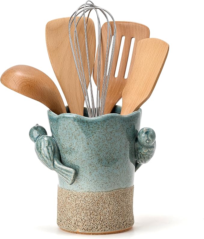 6.38“H Utensil Holder for Kitchen Counter, Modern Farmhouse Cooking Utensil Holder and Crock Home Kitchen Decor, Ceramic Utensil Organizer for Spatula, Ladle, Eggbeater, Rolling Pin- Blue and Brown - Image 9