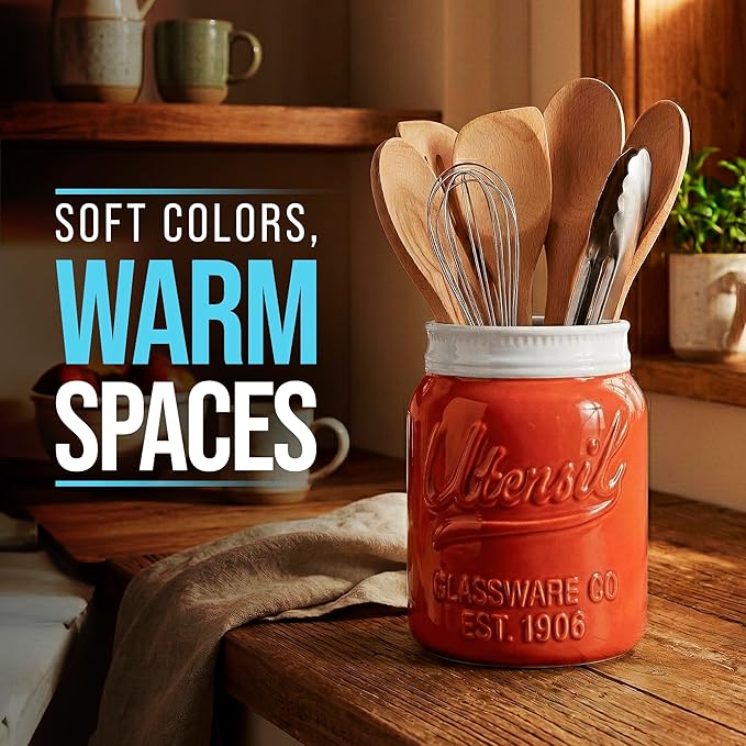 Comfify Wide Mouth Mason Jar Utensil Holder Decorative Kitchenware Organizer Crock, Dishwasher Safe - Kitchen Caddy, Large Size 7" High - Coral - Image 6