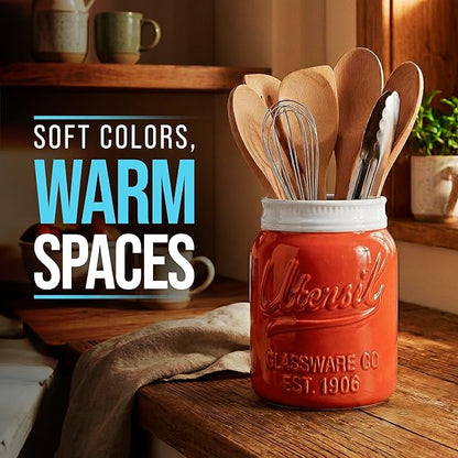Comfify Wide Mouth Mason Jar Utensil Holder Decorative Kitchenware Organizer Crock, Dishwasher Safe - Kitchen Caddy, Large Size 7" High - Coral - Image 6