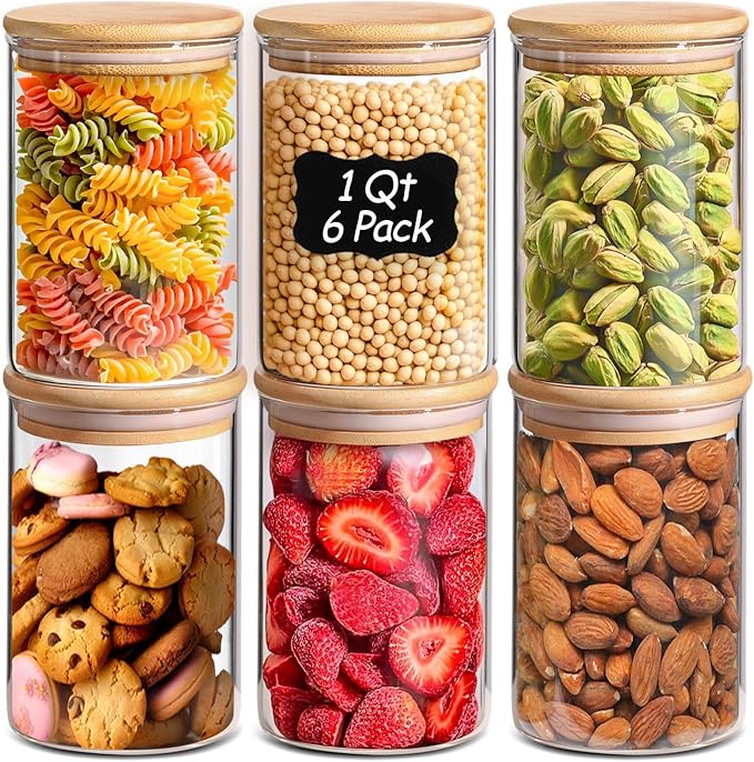 ComSaf 1 Qt Glass Storage Containers with Lids, Glass Jars with Lids, Clear Food Storage Jar, Round Canister Set of 6, Pantry Organizers for Cookie Pasta Flour Rice Tea Coffee Bean by ComSaf