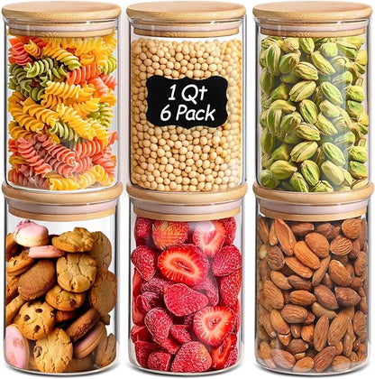 ComSaf 1 Qt Glass Storage Containers with Lids, Glass Jars with Lids, Clear Food Storage Jar, Round Canister Set of 6, Pantry Organizers for Cookie Pasta Flour Rice Tea Coffee Bean by ComSaf