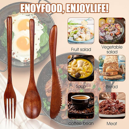 Molain Wooden Utensils for Eating - 18 Pcs Wooden Cutlery Set, Spoon Fork Knife Flatware Dinner Tableware Set, Eco-Friendly Wood Utensils for Kitchen and Travel