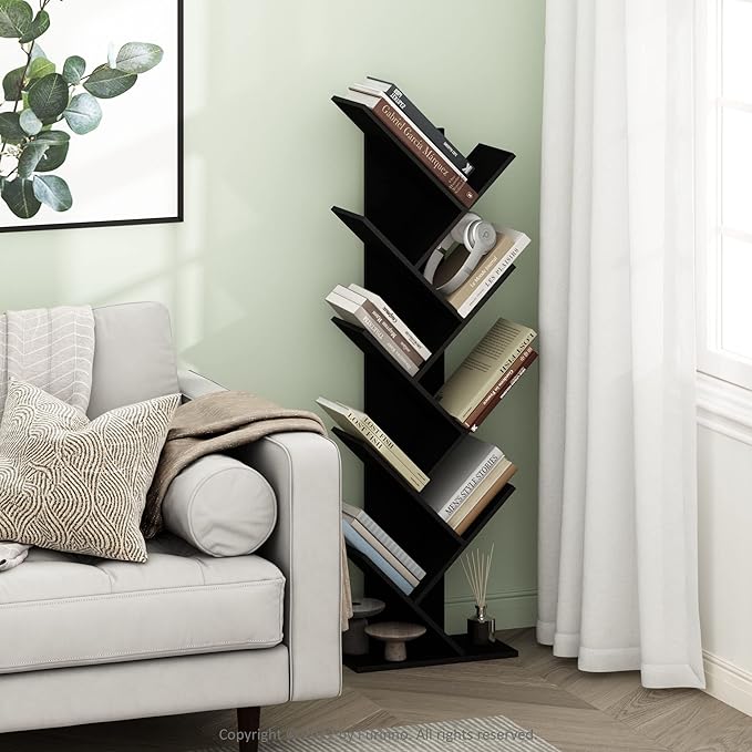 Furinno TREE Book Shelf, 9-Tier Bookshelf, Tree Bookcase with Angled Open Shelf, 8.4 x 15.7 x 50.9, for Room Decor, for Living Room, Bedroom, Home Office, Espresso - Image 2