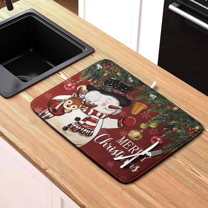 Christmas Dish Drying Mats for Kitchen Counter 16x18 Cute Snowman Red Dish Drying Pad for Dishes Winter Xmas Holiday Dish Draining Mat Absorbent Microfiber Dish Drainer Rack Mats - Image 6