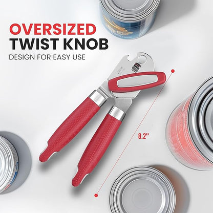 Zulay Kitchen Heavy Duty Stainless Steel Can Opener Manual with Large Bottle Opener - Manual Can Opener with Turn Knob with Soft Grip Handles - Red - Image 4