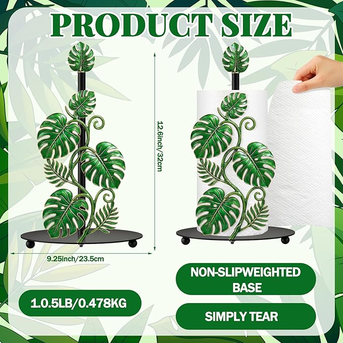 Thyle Tropical Monstera Paper Towel Holder with Round Base Boho Bathroom Decor Green Leaf Dispenser Kitchen Paper Holder Stand for Countertop Toilet Home Accessories