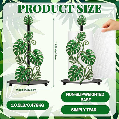 Thyle Tropical Monstera Paper Towel Holder with Round Base Boho Bathroom Decor Green Leaf Dispenser Kitchen Paper Holder Stand for Countertop Toilet Home Accessories