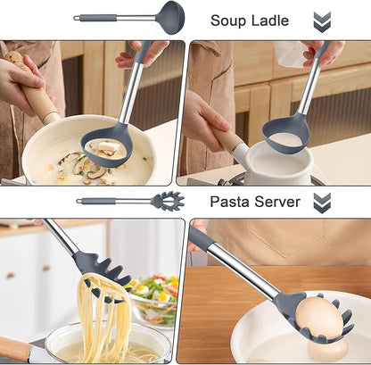 TeamFar Silicone Kitchen Utensils, 2 Pcs Large Nonstick Soup Ladle and Pasta Fork for Cooking Mixing Serving Soup, Sauce, Spaghetti, Eggs, Non-Toxic & Heat-Proof, Dishwasher Safe, Light Grey - Image 4