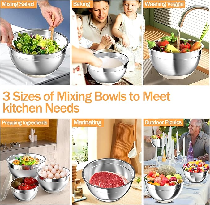 Nicdiet Mixing Bowls with Airtight Lids, Stainless Steel Mixing Bowl Set with 3 Metal Nesting Bowls, Colander & Grater, Non-Slip Bottoms, Size 1.5, 2.5, 5 QT, Great for Mixing & Serving, Khaki - Image 6
