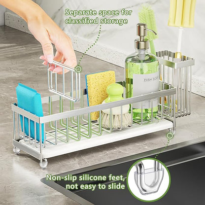Cisily Extra Large Sink Caddy Organizer with Drying Stone, Silver Sponge Holder for Kitchen, Dish Brush Holder for Countertop, Kitchen Decor Storage and Essentials - Image 6