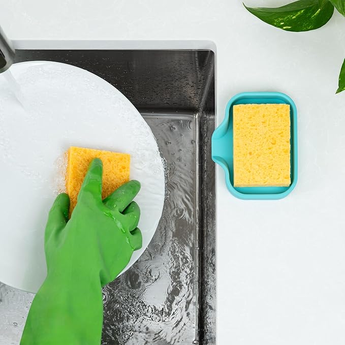Zulay Kitchen Small Silicone Sponge Holder (4.9x3.3”) – Space-Saving Sink Organizer Tray for Sponge, Soap, Brush & More – Compact Non-Slip Dish for Kitchen & Bathroom (Aqua Sky) - Image 3